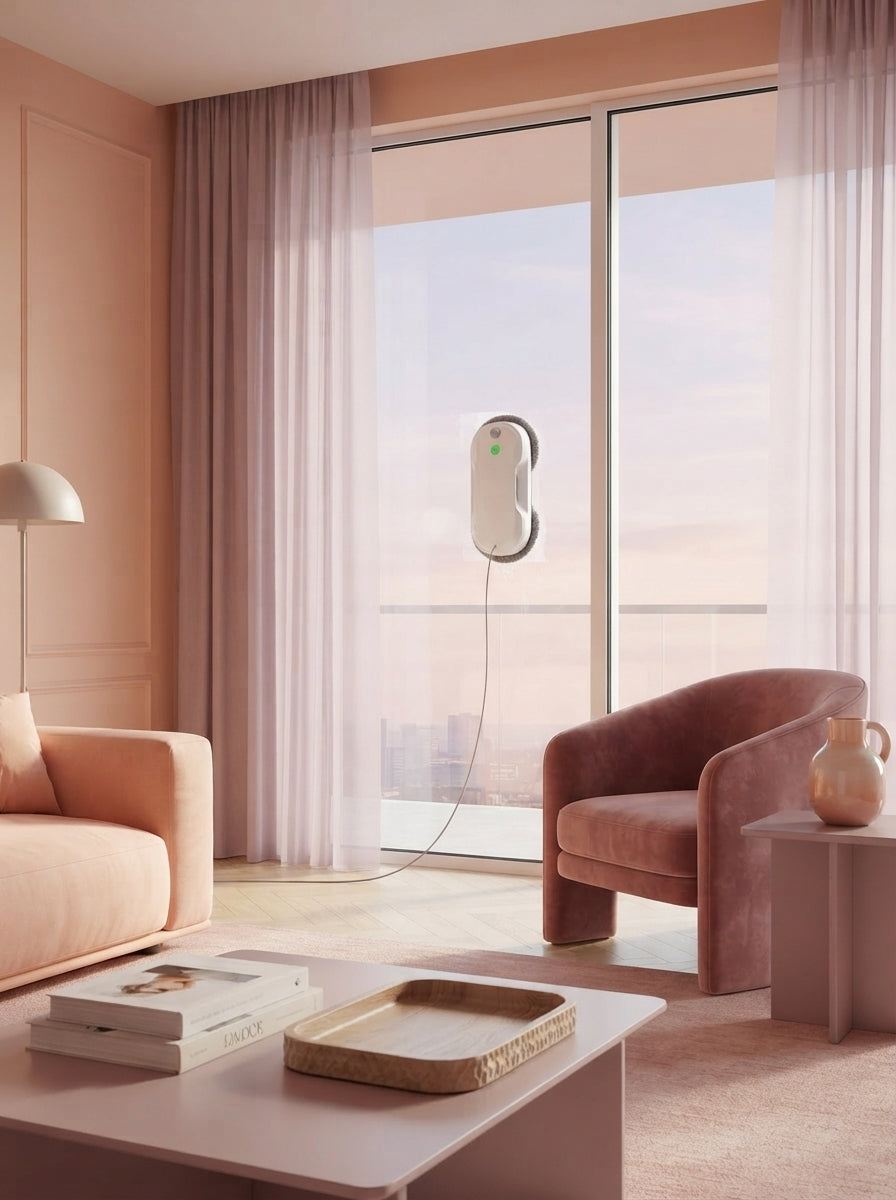 A modern window cleaning robot on a large glass window in a sophisticated, peach and mauve colored living room.